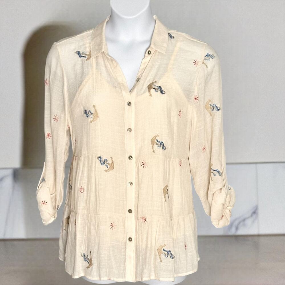 Hope Springs Button Up Tunic Top XL Embroidered Nautical Cottage Roll Tab Sleeve